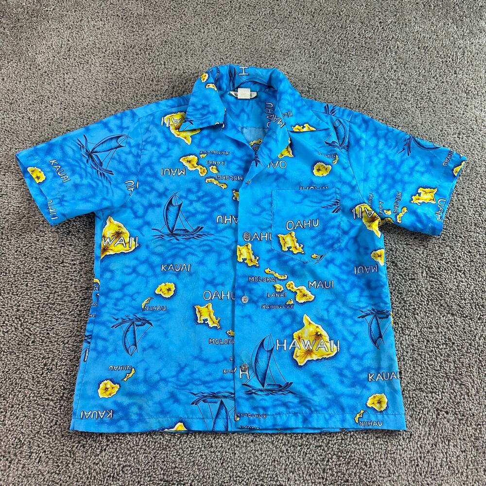 VTG Royal Hawaiian Shirt Mens M Blue AOP Hawaii Map Aloha Hawaii Button Up 80s